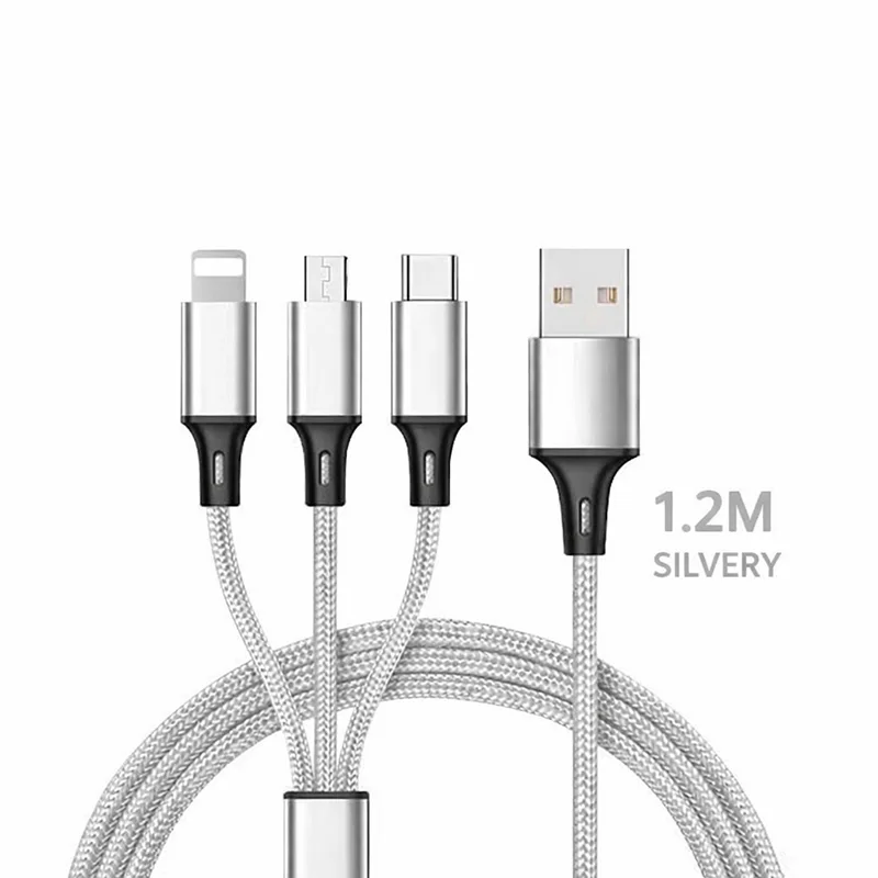 3-in-1 snellaadkabel voor iPhone, Xiaomi, USB-C, Micro USB, 1,2 m multi-poort USB-oplaadkabel voor telefoons, tablets en apparaten