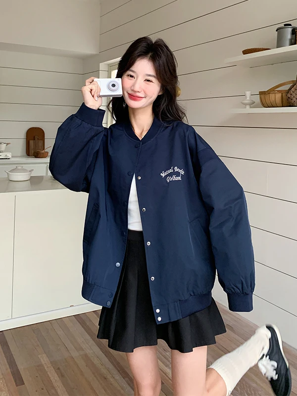 Jaqueta de Baseball Bordada Azul para Mulheres, Estilo Casual, Nova Coleção Primavera 2025, Casaco Anti-envelhecimento