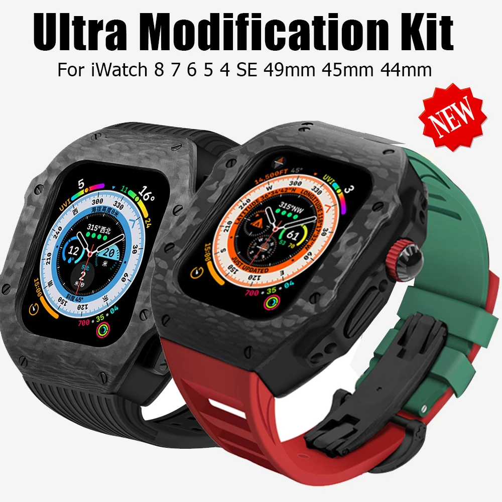 Carbon Fiber Modification Kit for Apple Watch Ultra 49mm Luxury case Refit Mod Kit  Fluorine Band IWatch 8 7 6 5 4 SE 45mm 44mm