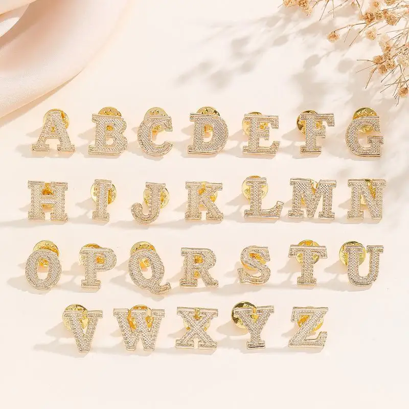 2PCS New Metal Initial A To Z 26 Letters Pin Suit Shirt Collar Lapel Brooch Pin Badge Fashion Jewelry For Men Women Accessories