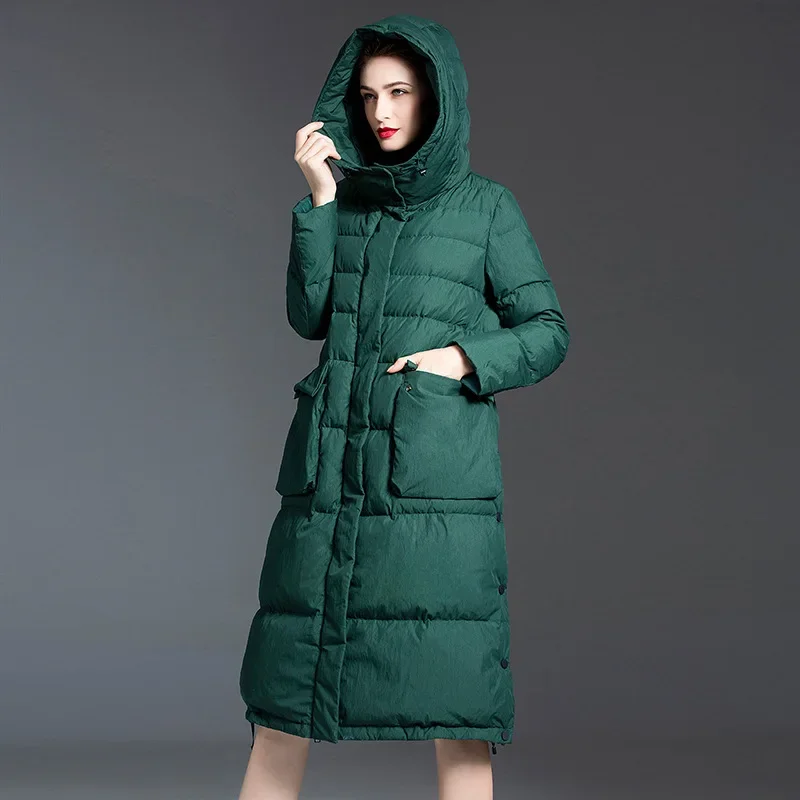 ダークグリーンの大きなサイズのフード付きパファージャケット、レディース高級ダウンコート、冬用ルーズな膝丈、欧米風トップス