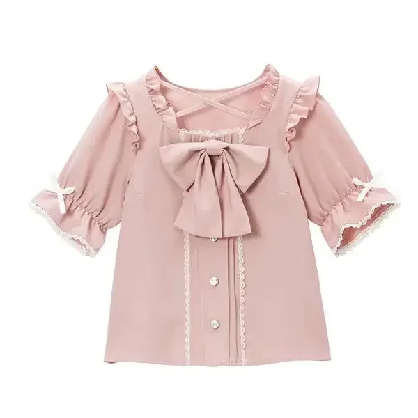 Imagem -02 - das Women Ruffled Short Sleeve Blouse Girls Tops Japanese Estilo Rojita Shirt Elegant Sweet Bow Stitching Lolita Summer New