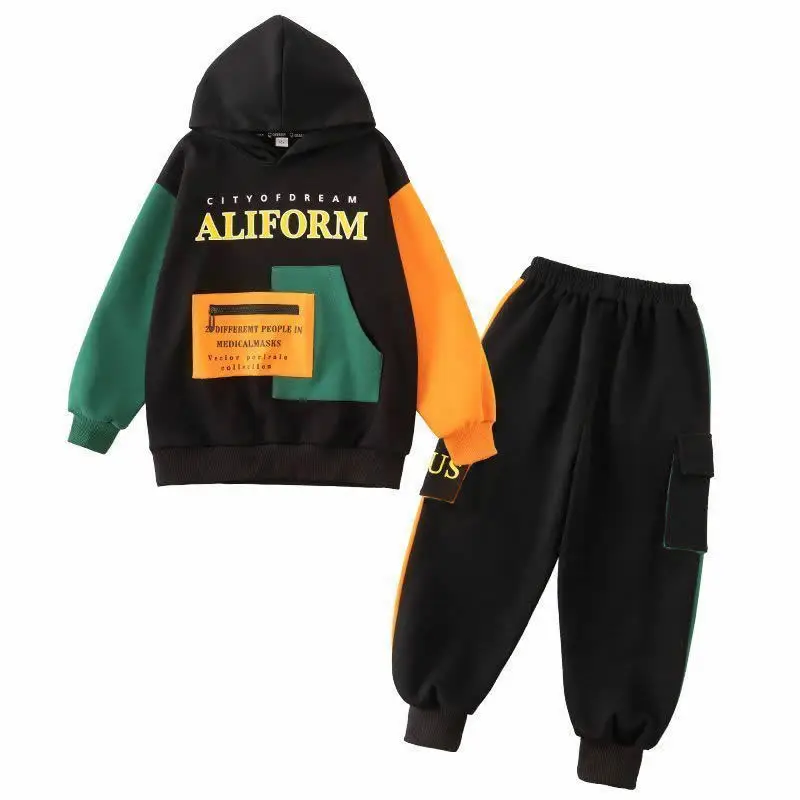 2024 autumn winter Boys Tracksuit Children patchwork letter sweatshirts hooded + ankle tied Pants Suit Clothes Set 8 10 12 Year