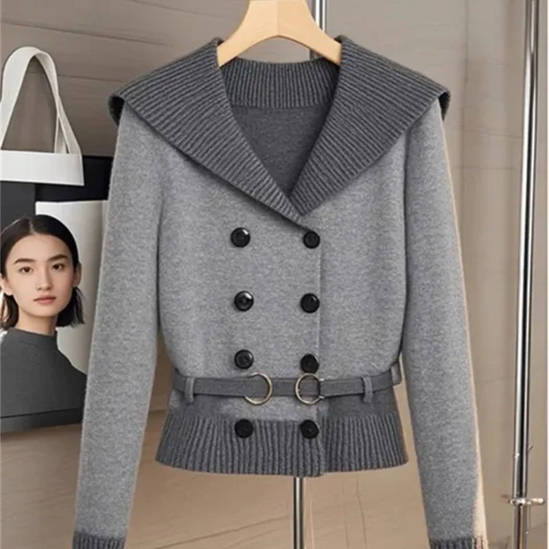 AutumnWinter Retro Soft Sticky cardigan Knitted Women Sweater Style Loose Luxury Double Breasted Design Grey Sweater Coat Ladies