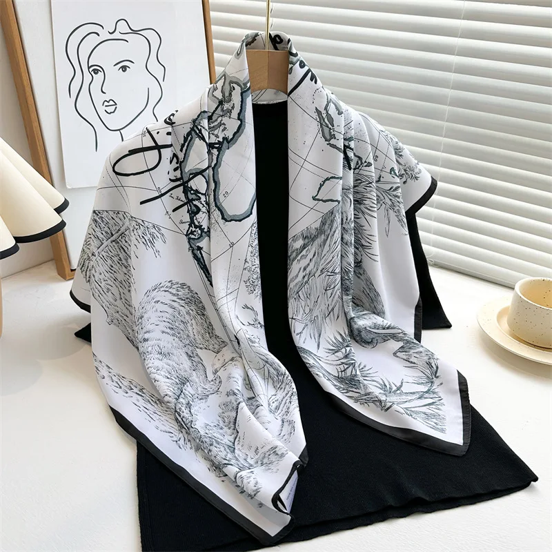 Spring Summer Luxury Design Women 90X90cm Square Silk Scarf Landscape Print Hijab Foulard Ribbon Wrap Hairband Headband Mom Gift