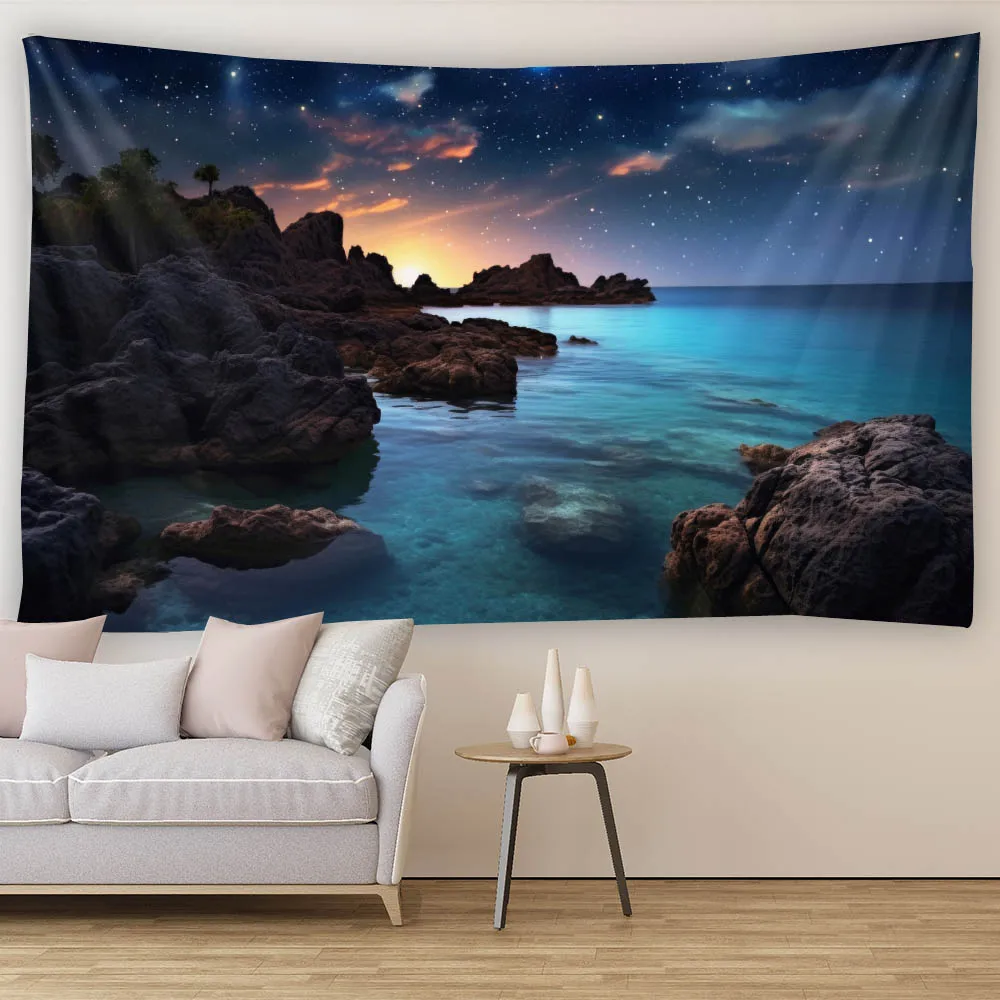 Aesthetic Starry Sky Sea Night Scene Tapestry Wall Hanging Cloth with Waves Sunrise Sunset Fairy Tale Carpet for Home Decor