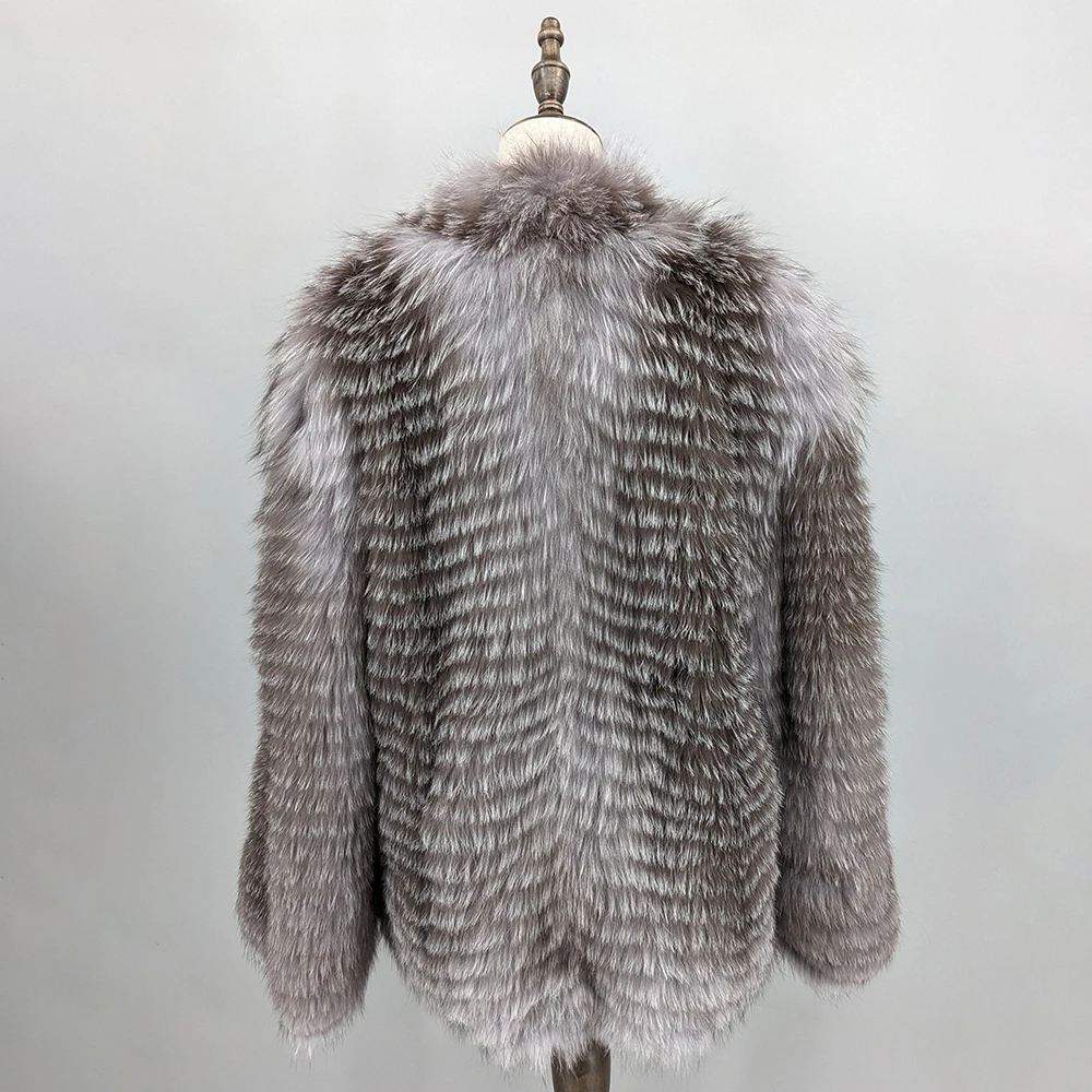 real natural red fox fur coat Striped nine-quarter sleeve V-neck jacket sliver fox Golden Island Fox 25A0457