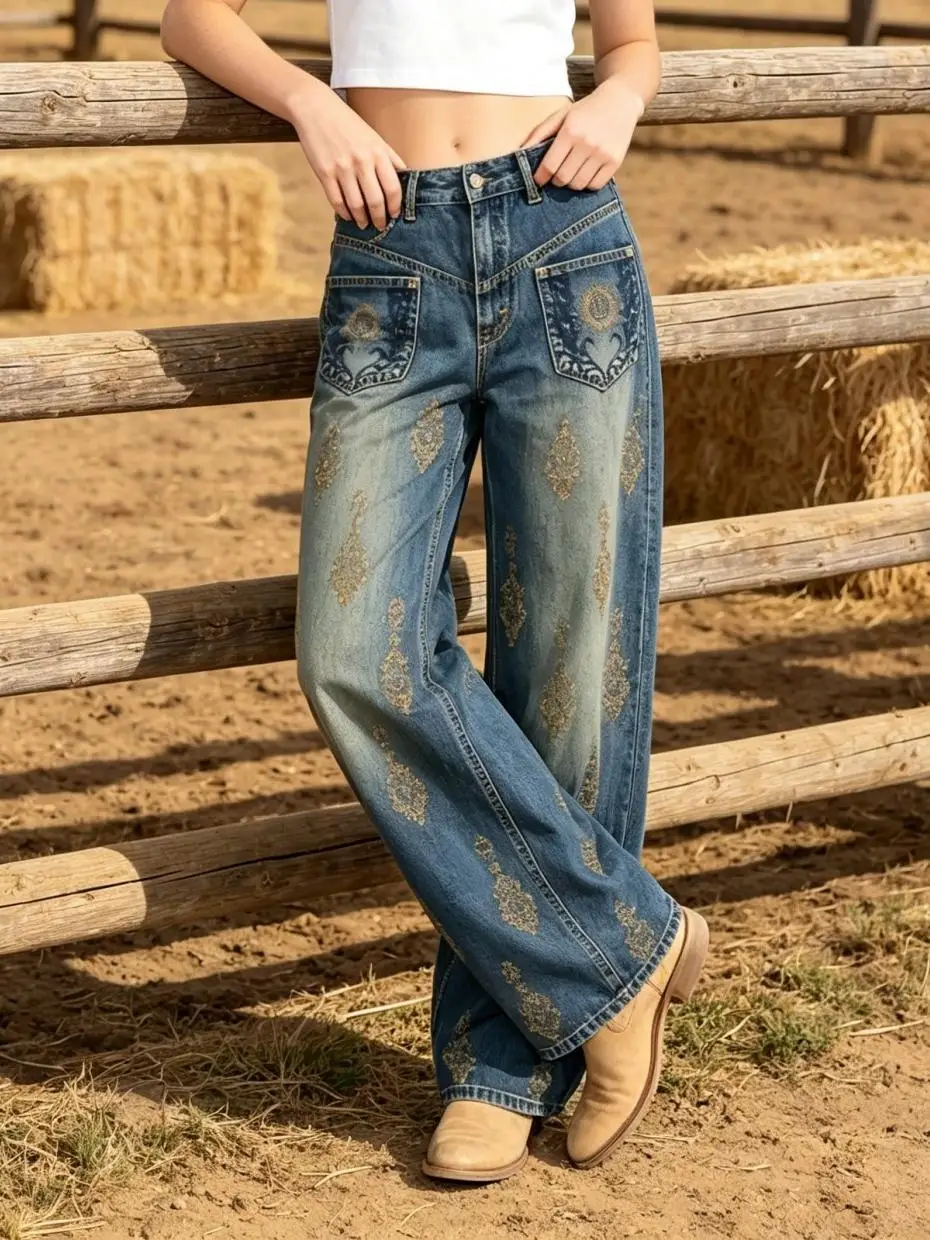 【HME】Jeans | Women Heavy Rhinestone Embroidered Vintage Denim Pants, High Waist V-Patch Pocket Wide Leg Denim Jeans, Yellow-Blue Gradient Distressed Wash, Sturdy Draped Fabric Leg Flattering, Retro Luxury Gorgeous Casual Pants For Daily Party Streetwear
