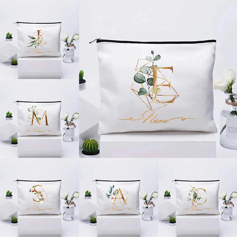 Personalized Custom Name Geometric Gold Floral Initial Canvas Cosmetic Pouch, Women Bridesmaid Birthday Travel Makeup Organizer