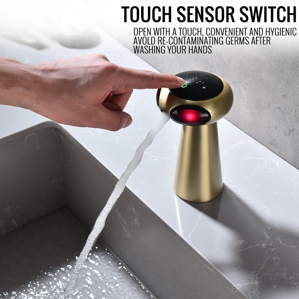 Bathroom Faucet Touch Sensor Brushed Gold Voice Control Sensor Sink Faucet LED Light Hot And Cold Tap