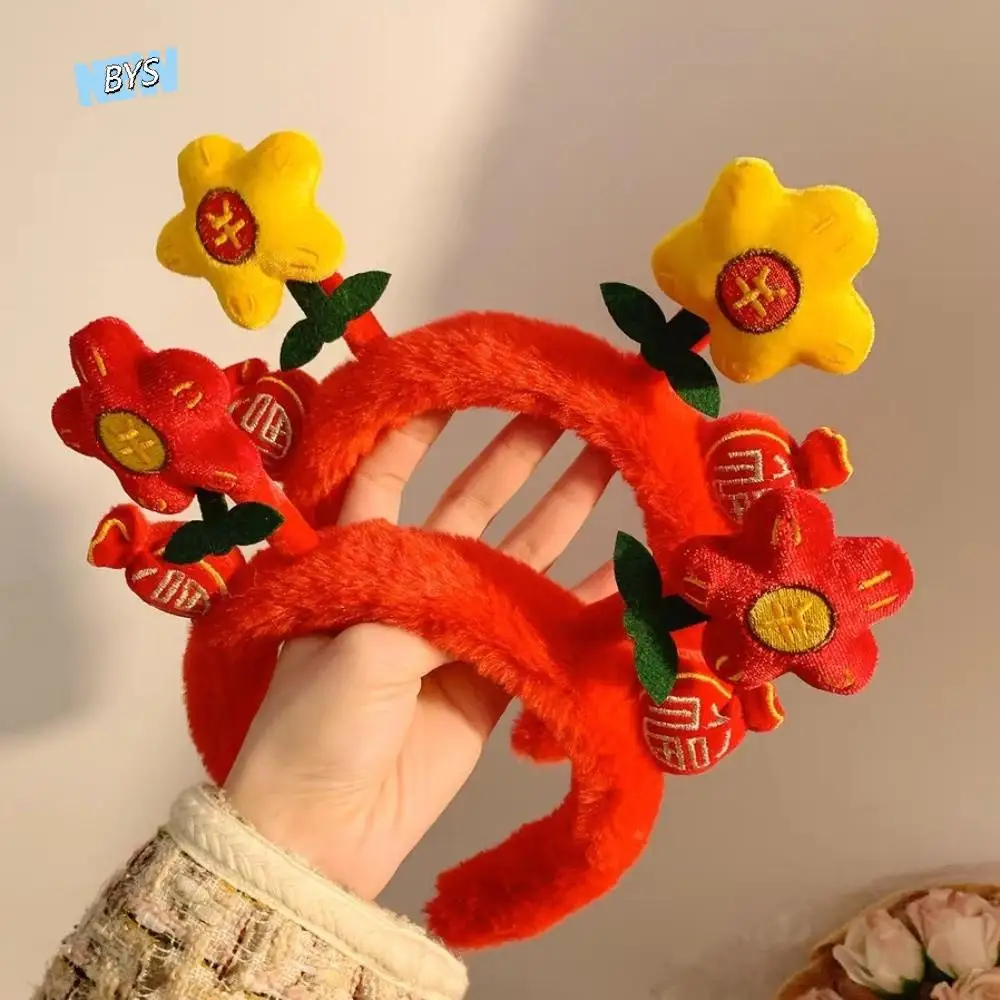 

Chinese Style New Year Red Plush Headband Flower Sweet Girls Face Wash HairBand Wealth Fashion Children Hair Hoop