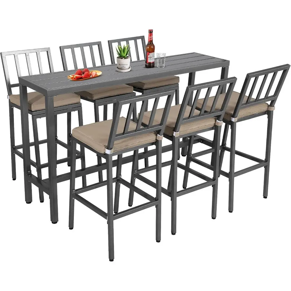 

Gray Weather-Resistant Outdoor Patio Bar Set with Cushions, 63 Slatted Table & 6 I Style Stools