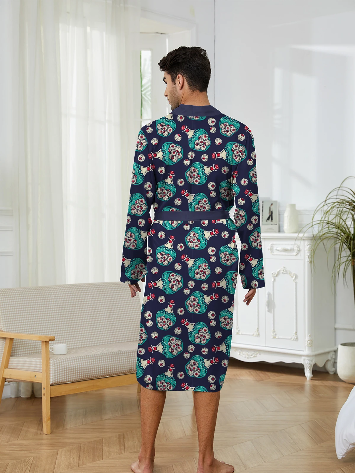 

Мужской длинный халат с бутылкой с цифровым принтом и рисунком глаз, удобный и повседневный спальный халат, тонкий дизайн для домашнего использования