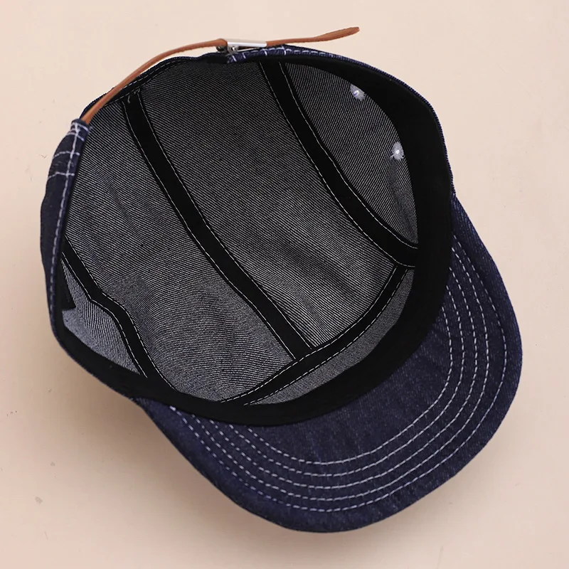 Black Denim Short-Brim Work Hat, Vintage Stitched Five-Panel Hat, American Street Worker Hat, Unisex Casual Flat-Top Baseball Cap