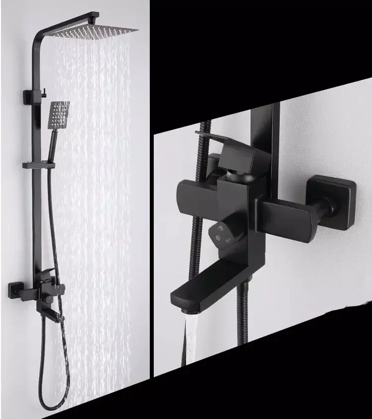 #*-Kaiping Factory SUS 304 3 Functions Luxury Modern High Pressure Brush Matte Black Shower Column Rainfall Shower Set