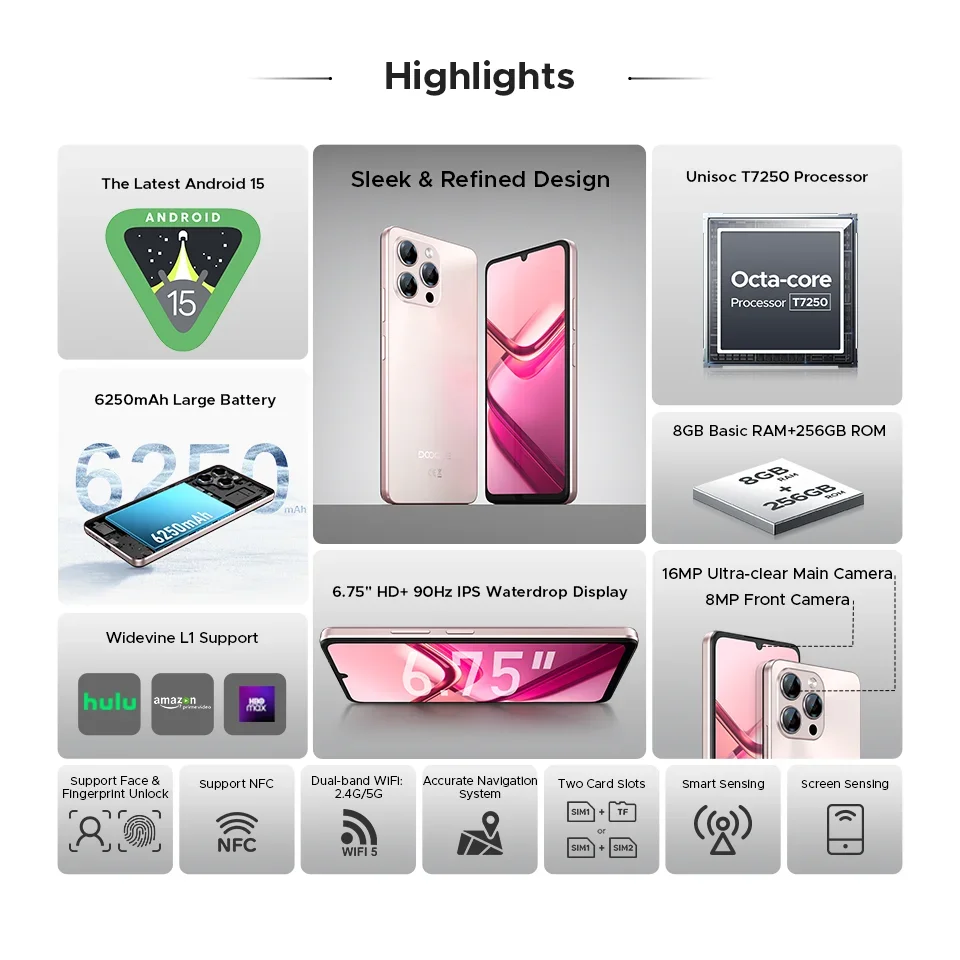 DOOGEE Note58 Pro Smartphone 6.75" HD+ Display Telephon Portable 8GB RAM 256GB ROM 6250mAh Battery Android 15 NFC Mobile Phones