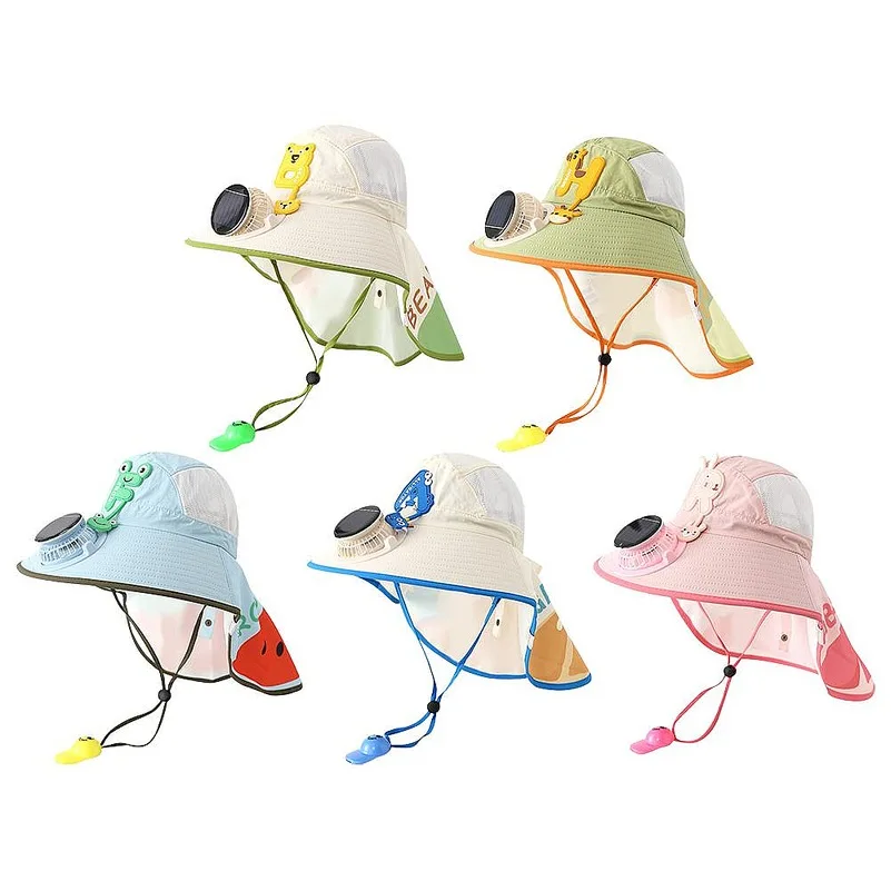 Solar USB Charging Fan Sun Hat UPF50+ UV Protection Wide Brim Neck Flap Breathable Mesh Adjustable Cooling Hat for Outdoor