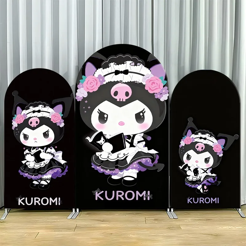 2D Flat Arch Backdrop Cover Single Layer Non-Stretch Fabric Kuromi Halloween Party Set with 3 Panels Featuring Gothic Maid