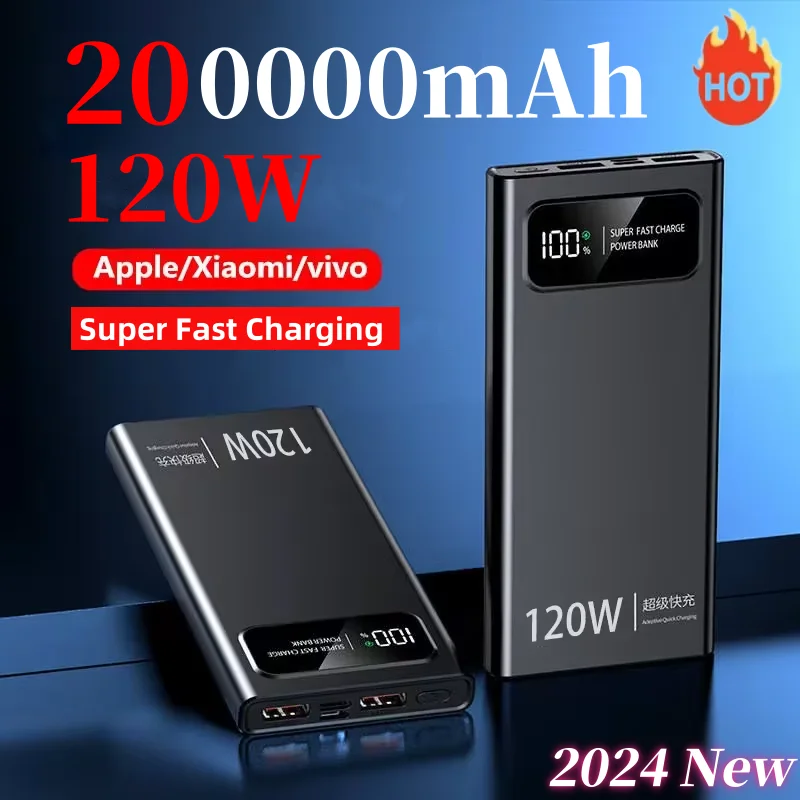 120W Power Bank 200000mAh High Capacity Super Fast Charging Battery Digital Display External Spare Battery For Iphone Huawei