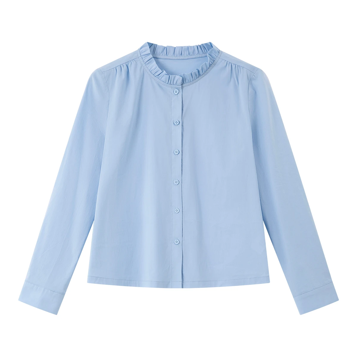 VIMLY Women's Blue Blouse Ruffled Stand Collar Versatile Long Sleeve Shirt 2026 Fall Elegant Casual Office Lady Top Female A7258