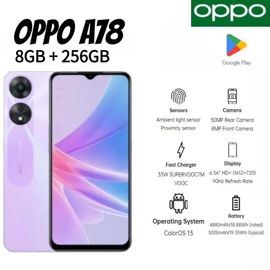 OPPO A78 2026 Latest Model International Version 8GB RAM 256GB Storage Dual SIM 50MP Rear Camera 6.5