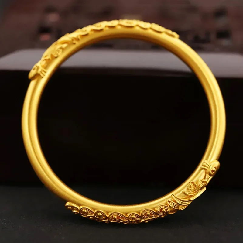 

24K Yellow Gold Ancient Legacy Bracelet, 999 Real Gold Women's Vintage Silk Peacock Bangles Wedding Engagement Fine Jewelry Gift