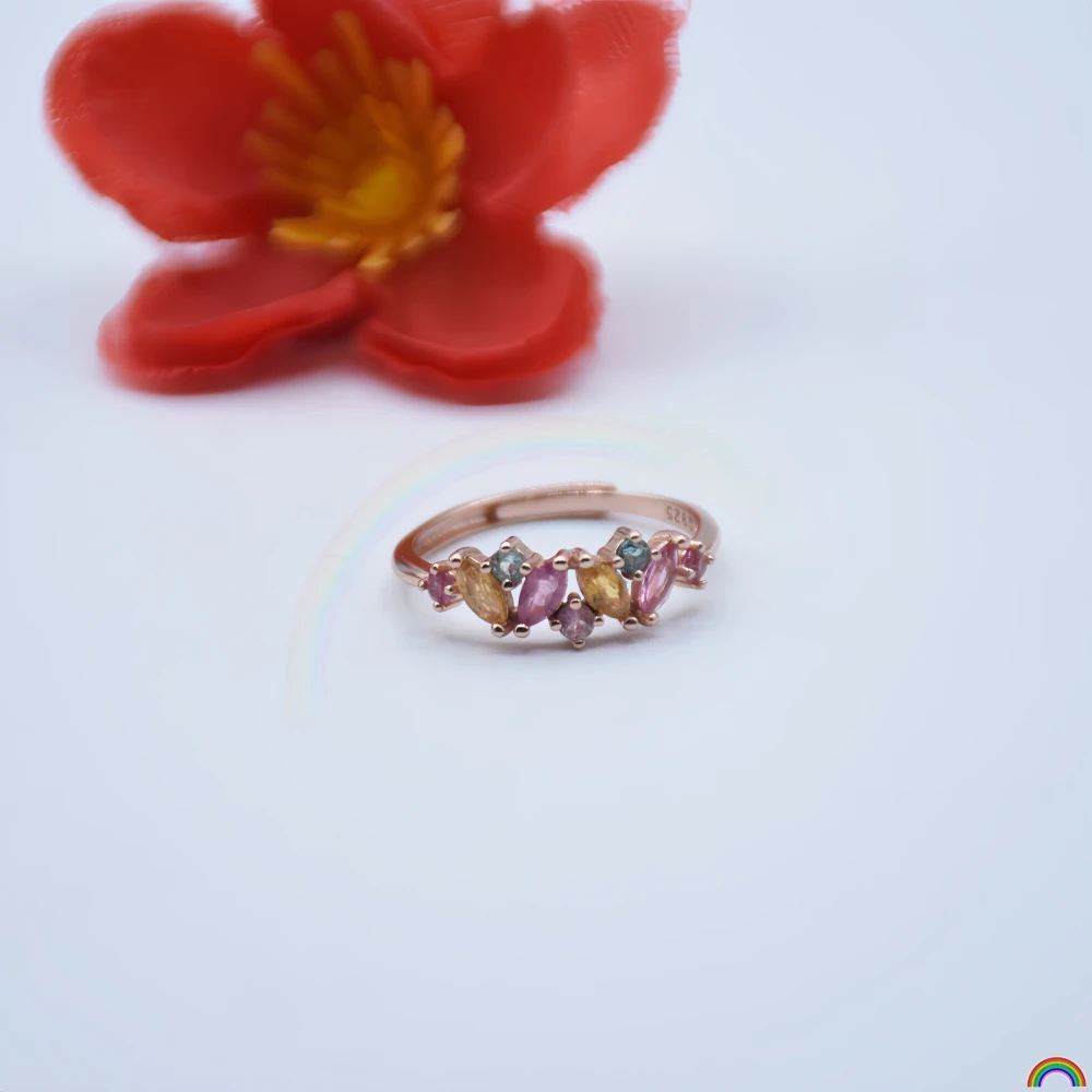Natural Tourmaline Ring S925 Silver-Embedded Rainbow Gemstone Double Reflection Light Luxury Adjustable Jewelry Rwbuy
