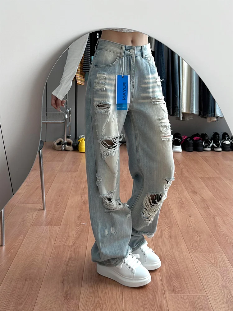 

Fuyuan Light Blue Ripped High Waist Straight Leg Jeans Women's Spring New Style American Retro Slimming Trousers