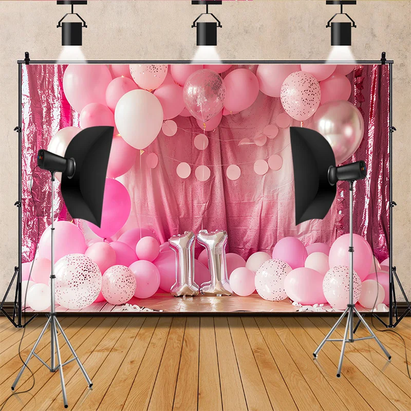 Happy Birthday  Photography Background  Number Pink Bear doll Hydrogen balloon Floral  Baby  Party  Backdrops  SR-84