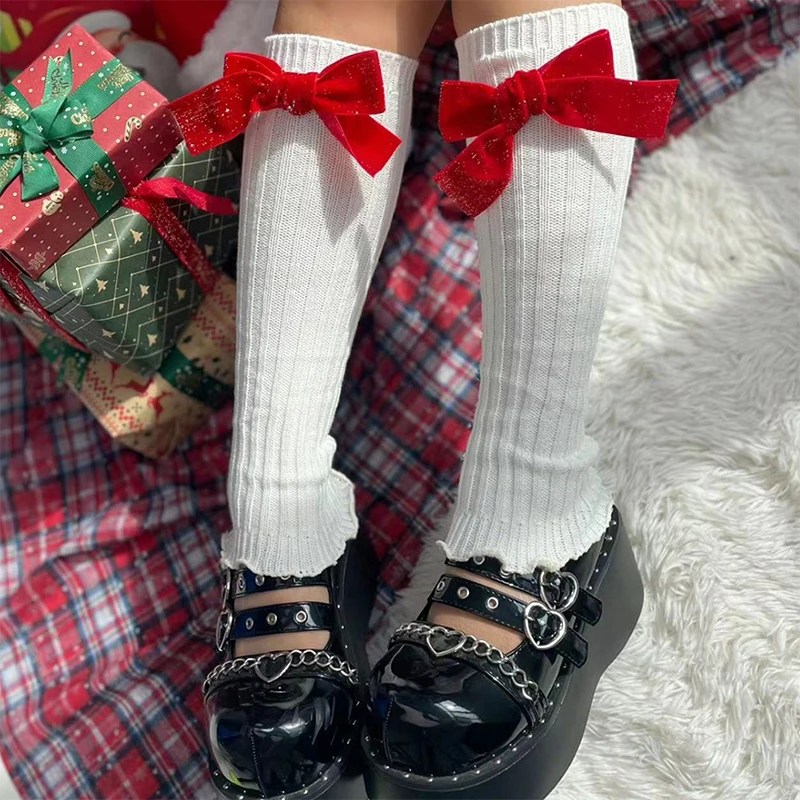 New Women Christmas Leg Warmers Cute Velvet Bow Leg Warmers Knee High Socks Boot Cuffs Slouch Socks Hot Sale