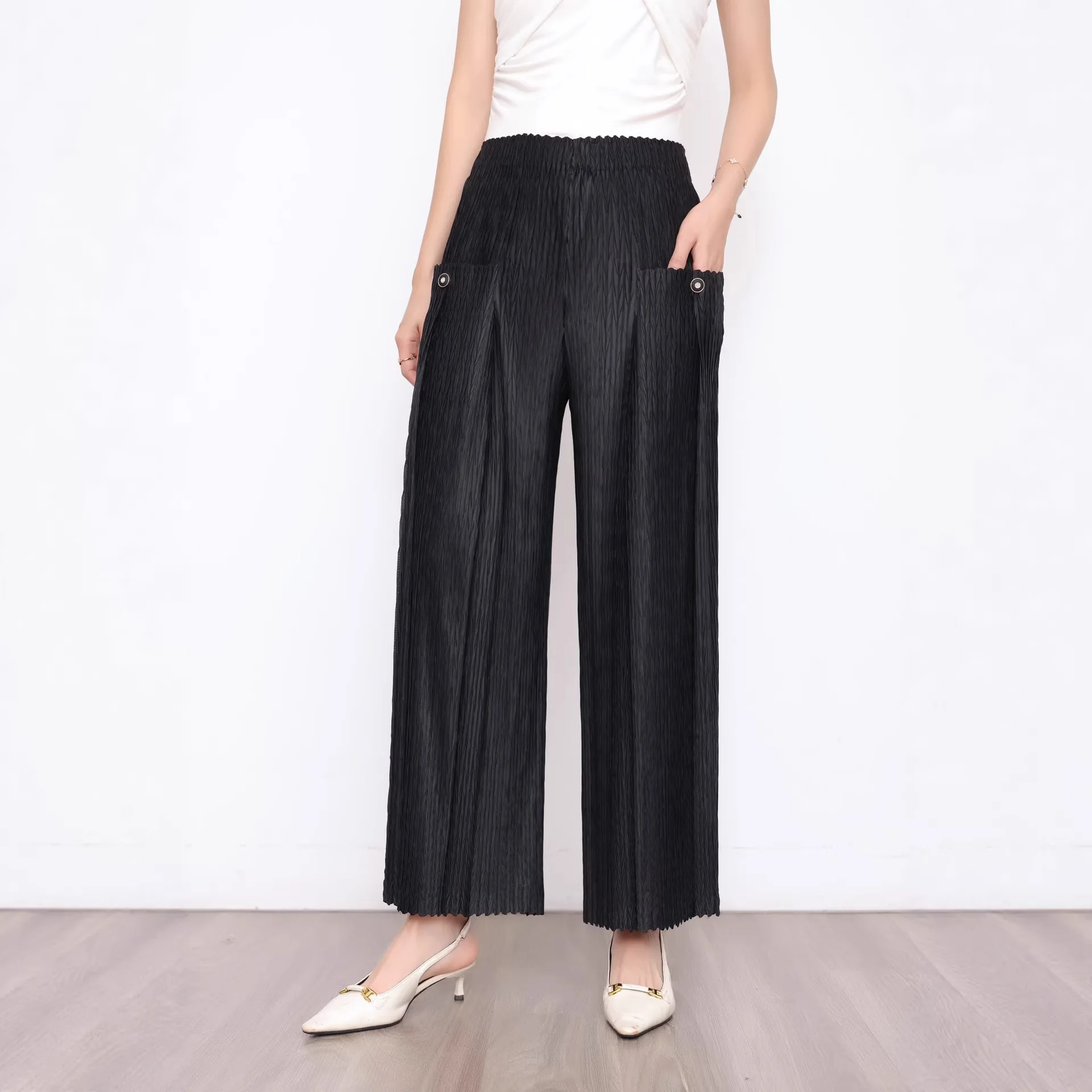 Miyake Pleats Spring New Women's Loose Straight Wide-Leg Casual Pants with Elastic Waist