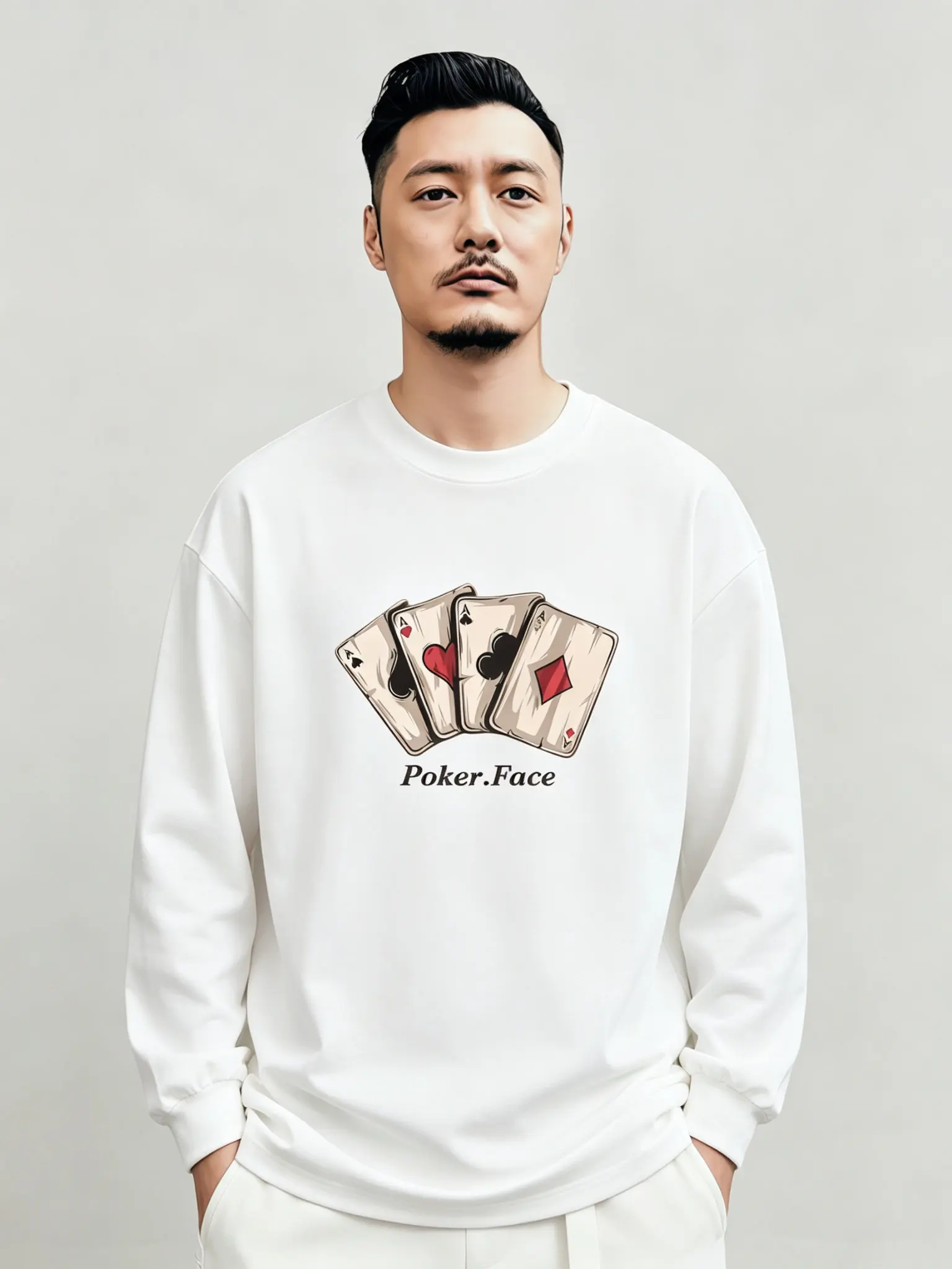 エレガントなラウンドネック長袖-tシャツメンズ秋の新アメリカンレトロカジュアルヘビーデューティーコットンシャツポーカープリント快適