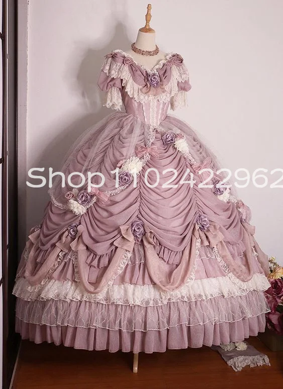 Romantic Rose Lolita rococo Victorian Prom Dresses with Sleeve 3D Floral Puffy Skirt Ruched V-neck Bustle costume evening gown