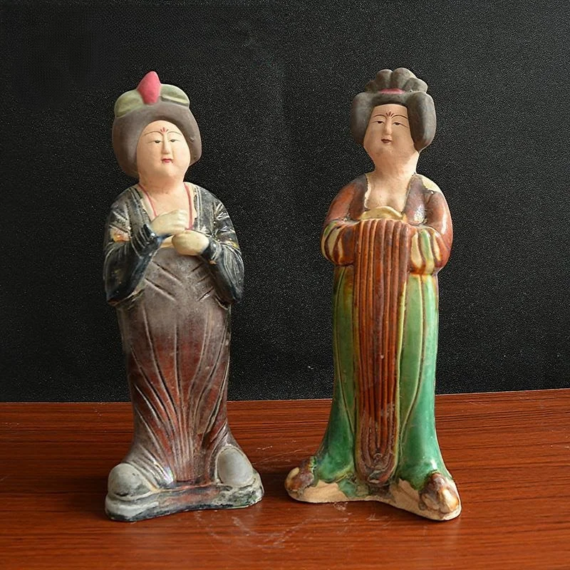 2pcs Old China Tang Sancai Porcelain Dynasty Palace Beauty Sacrifice Statue Home Room Office Tea Room Decoration Sculptures