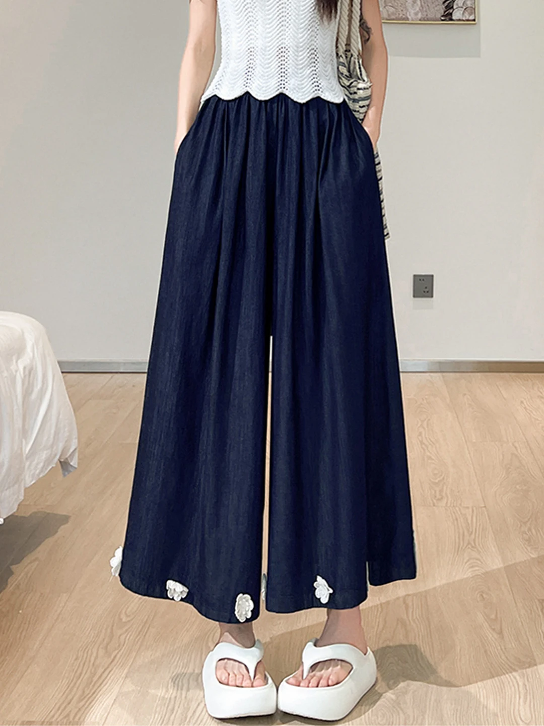 

Retro Japanese Style High Waist Wide Leg Jeans Women's Summer New Loose Slimming Nine Points Pants Floral Decorations Denim