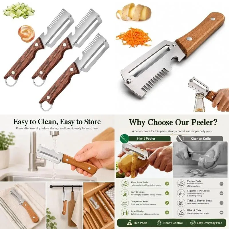 Professional multifunctional stainless steel potato peeler with wooden handle, ergonomic design, bottle opener, fruit and
