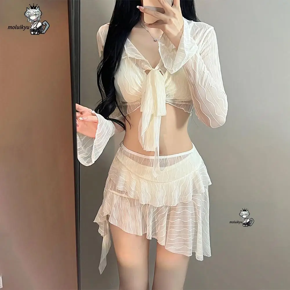 

4Pcs Woman's Bikini Set Y2K Wavy Mesh Tiered Ruffle Skirt Sheer Cover Up Swimwear Hottie Girls Beach Wear Vacation Photoshoot
