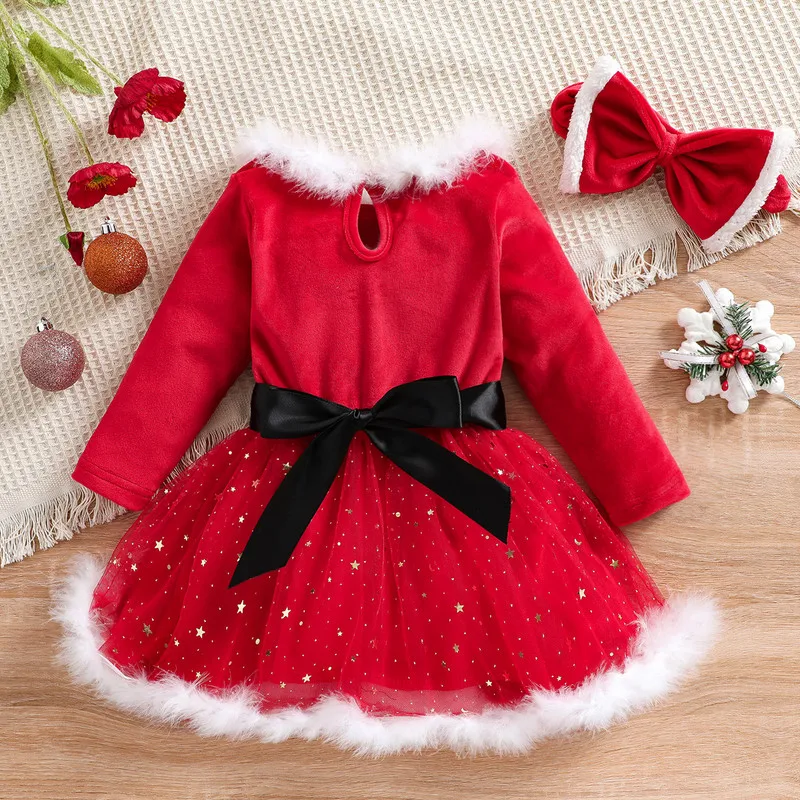 1 to 5 Years Christmas Baby Girl Dress Long Sleeve Velvet Mesh Yarn Stitching A-line Dress with Headband Baby Clothing