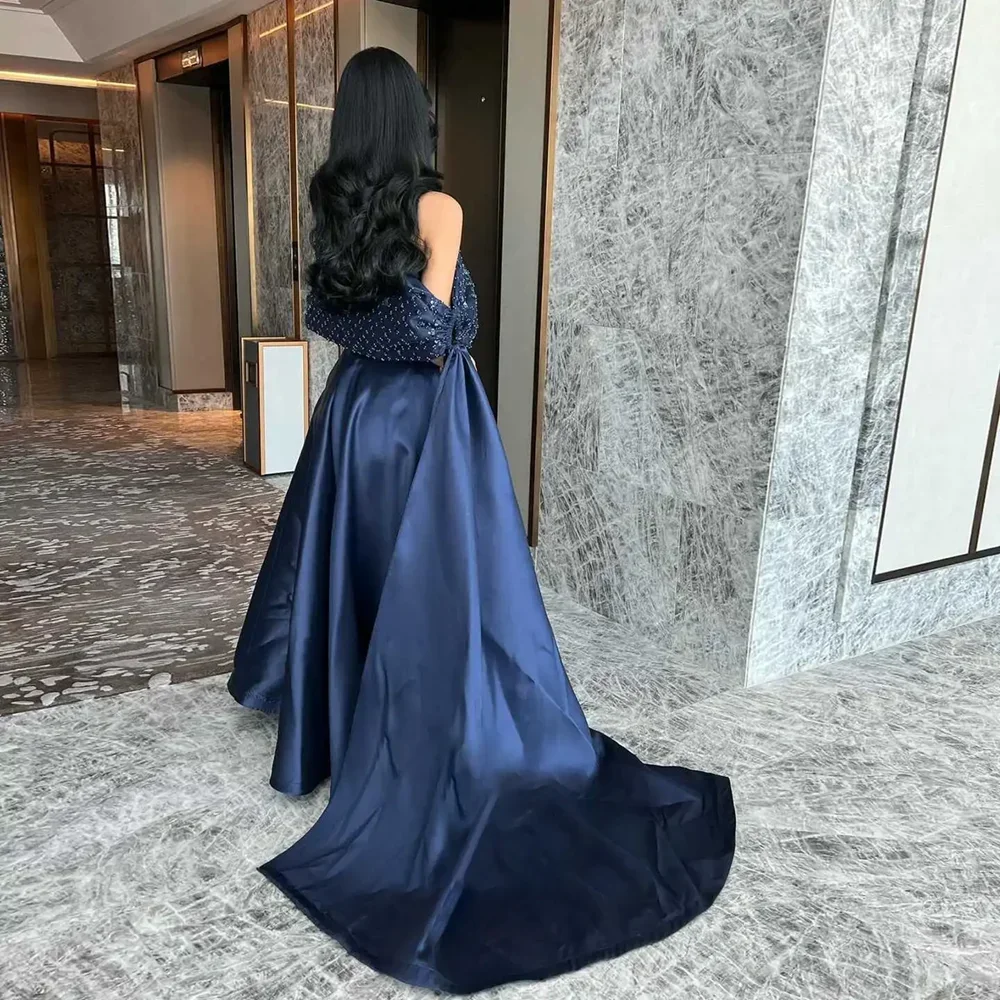 맞춤형 고품질 비즈 장식 코트 트레인 블루 여성 드레스 바닥 길이 지퍼 드레스 세레모니아 우아한 여성용 프롬 드레스