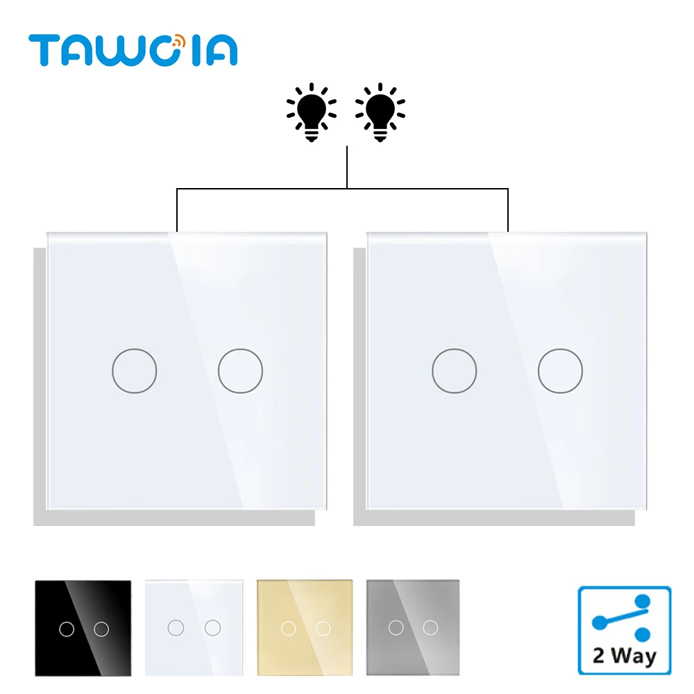 TAWOIA Glass Touch Switch 800W 2 Gang 2 Way Light Touch Switch EU Standard Wall Power Socket 16A 250V With Safety Door