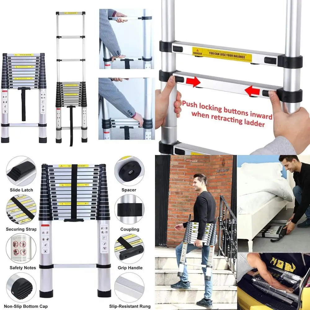 

Portable 10.5FT Telescoping Aluminum Ladder with Non-Slip Feet, One-Button Extension and Retraction, Easy to Carry and Store