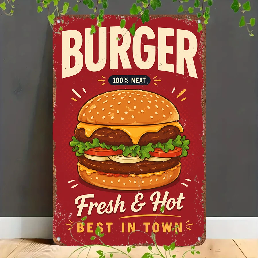2D flat retro metal tin plate,  Vintage Burger Best In Town Sign, Suitable for home, garage, café, bar and garden decoration