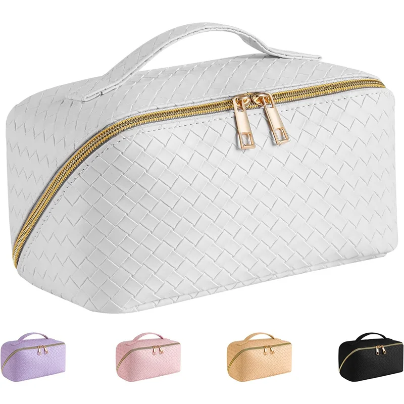 Large Capacity Cosmetic Bag Ladies Cosmetics Storage Korean Waterproof Pu Woven Plaid Embossed Wash Bag Travel Wash Bag