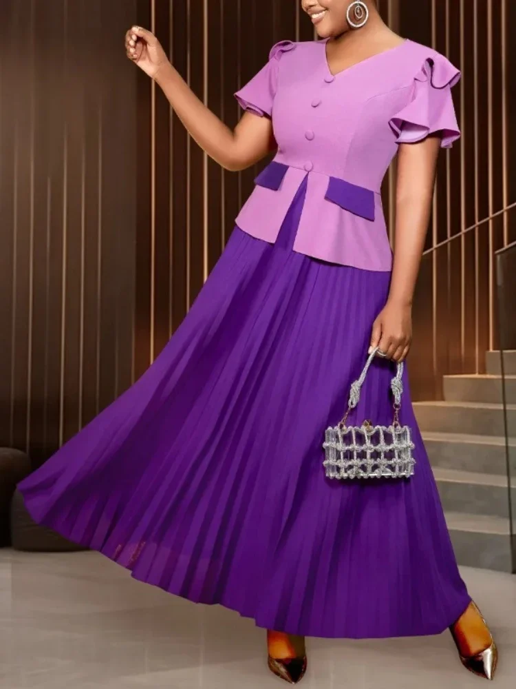 S-4XL Plus Size African Party Evening Dresses for Women 2026 Autumn Spring African Short Sleeve V-neck Pleat Long Dress Outfits