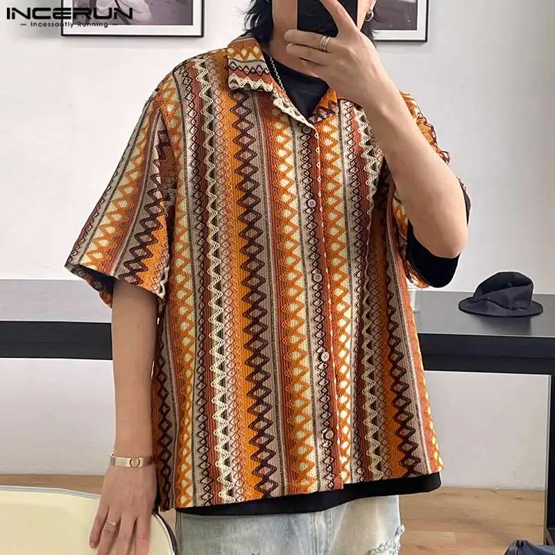 

Stylish Well Fitting Tops INCERUN New Men Ethnic Pattern Hollowed Contrast Jacquard Shirts Male Lapel Short Sleeved Blouse S-5XL