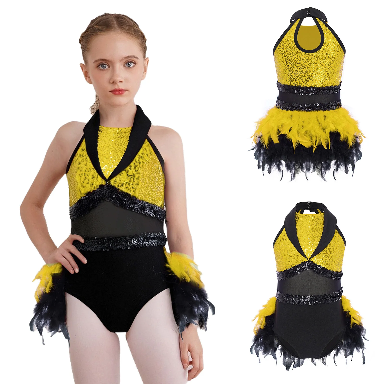 

Girls Feather Ballet Latin Jazz Dance Dress Sleeveless Sequins Mesh Leotard for Kids Figure Skating Dance Party Performance Wear