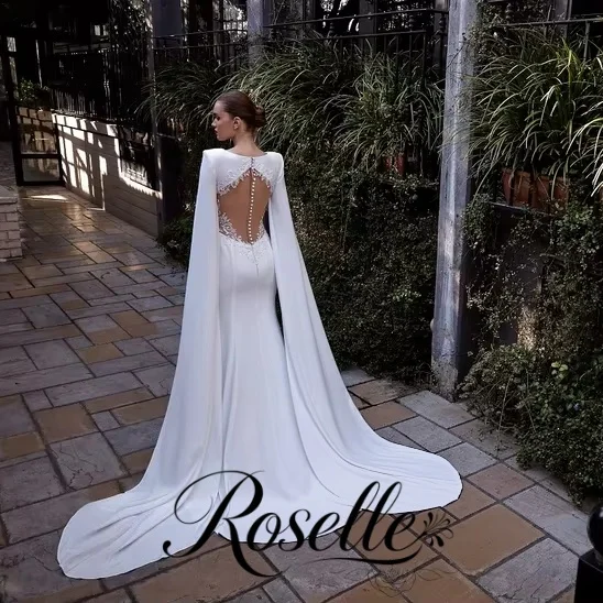 ROSELLE Elegant O-Neck Cape Sleeve Mermaid Wedding Dress Cut Out Open Back Sweep Train 2026 Bridal Customized свадебное платье