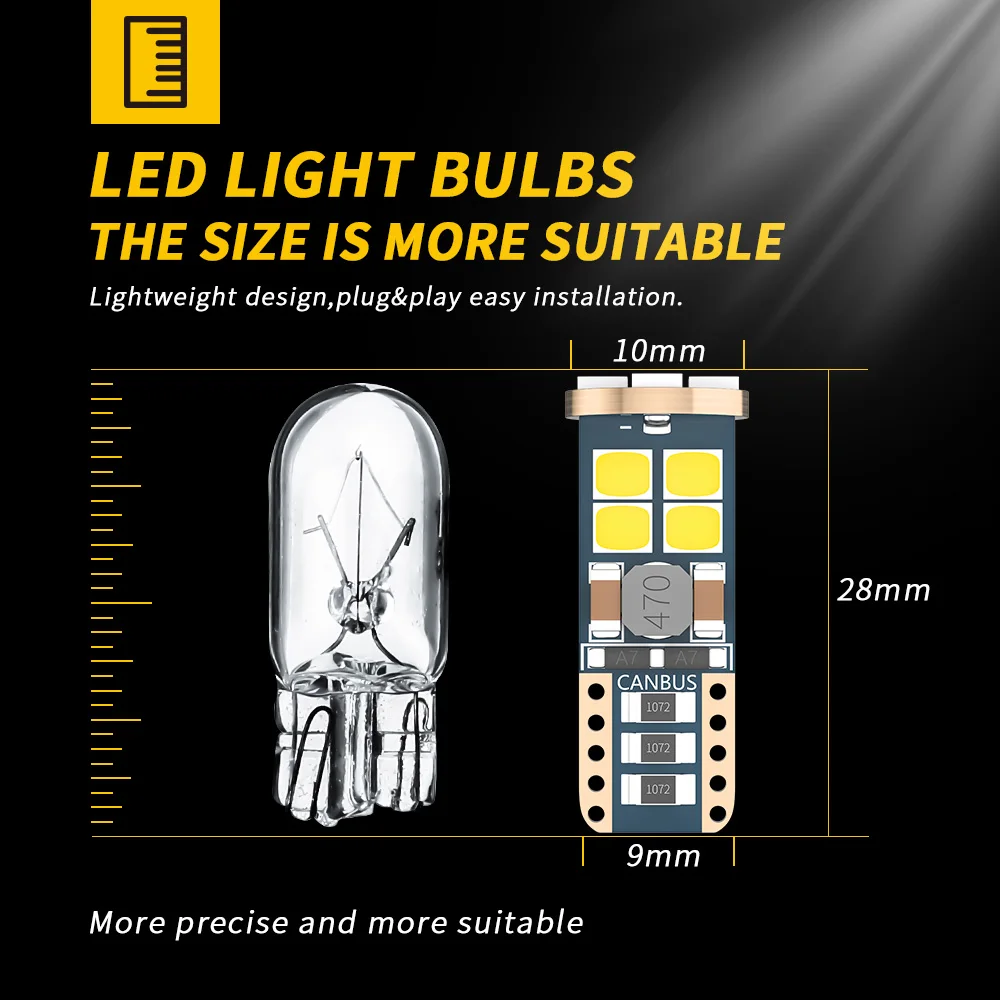 DXZ 10PCS Canbus W5W T10 LED Bulbs 12-SMD 12V/24V 6500K White 194 168 Car Interior Map Dome Lights Parking Light Auto Lamp 4W