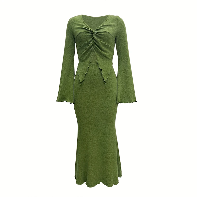 Two Piece Sets Boho Knitted Ruffles Long Sleeve Top Shirts Green And Maxi Skirt Bodycon Robe Sexy Beach Outfits Women Club Dress