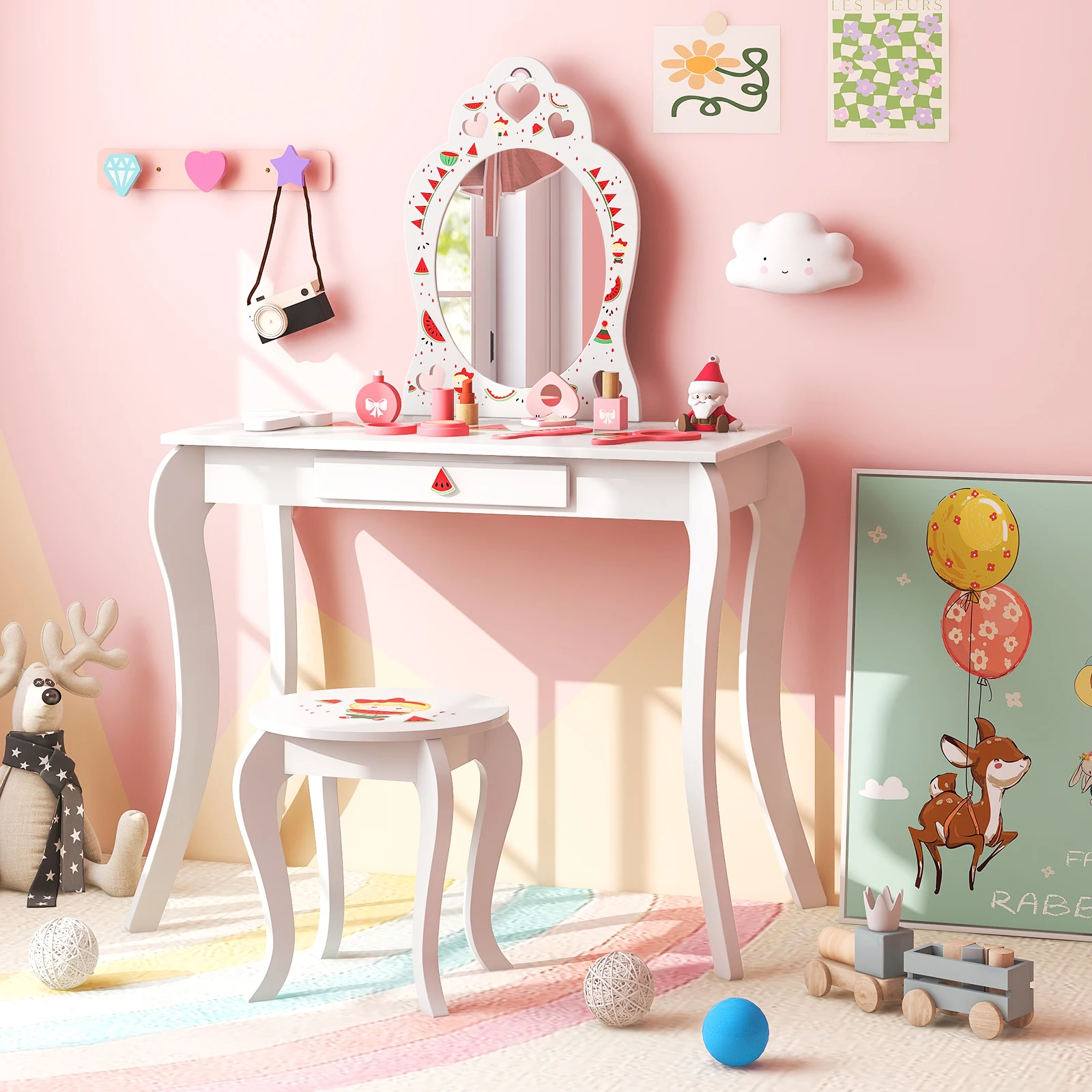 

Kid Vanity Table Stool Set Storage Drawer Watermelon Patterns Play Makeup Set